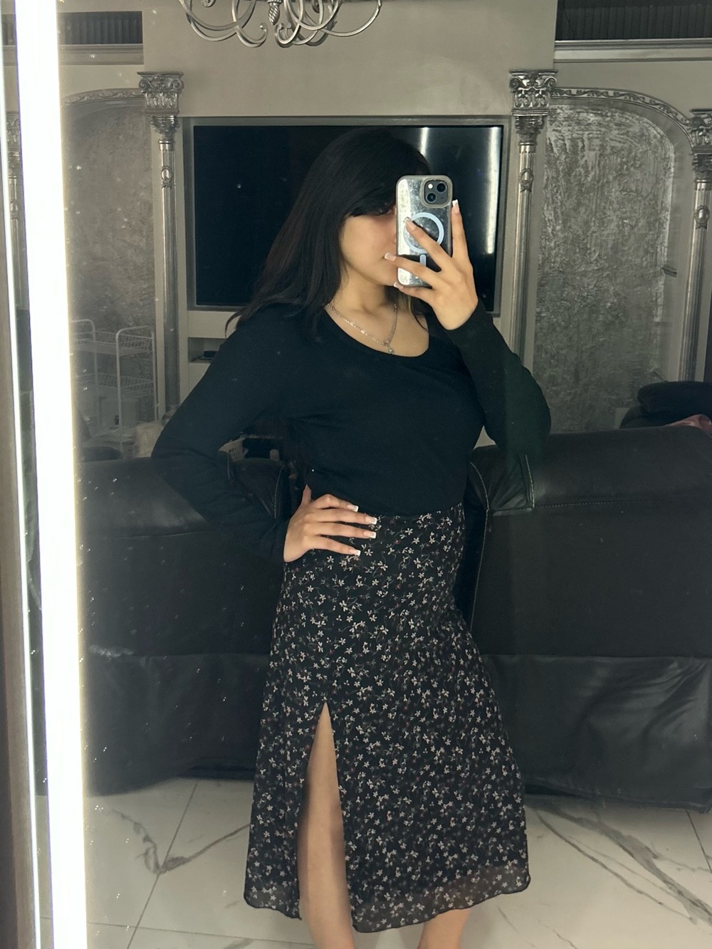 Black Floral Midi Skirt with Side Slit - Women's